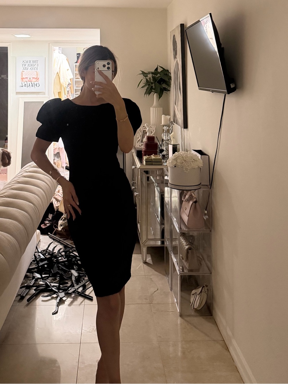 Women's Black Puff-Sleeve Sheath Dress